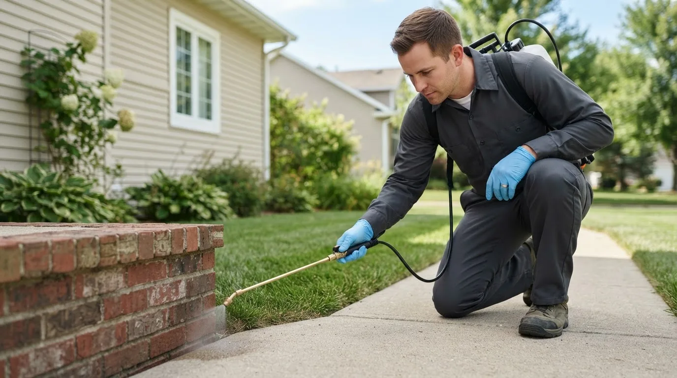 Pest control technician treating a home near Cumberland City, TN